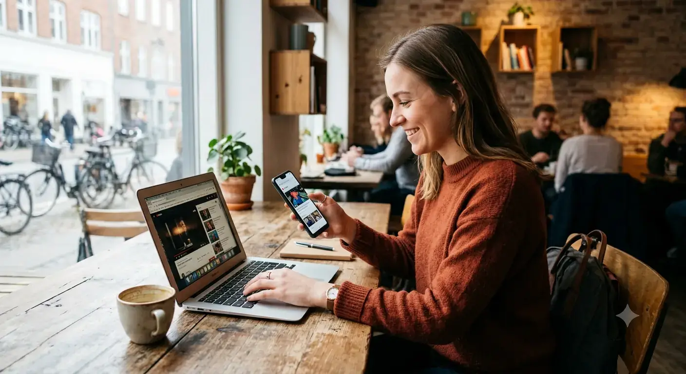 Kvinde bruger bærbar og telefon på café med mobilt bredbånd