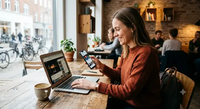 Kvinde bruger bærbar computer og telefon på en café med mobilt bredbånd