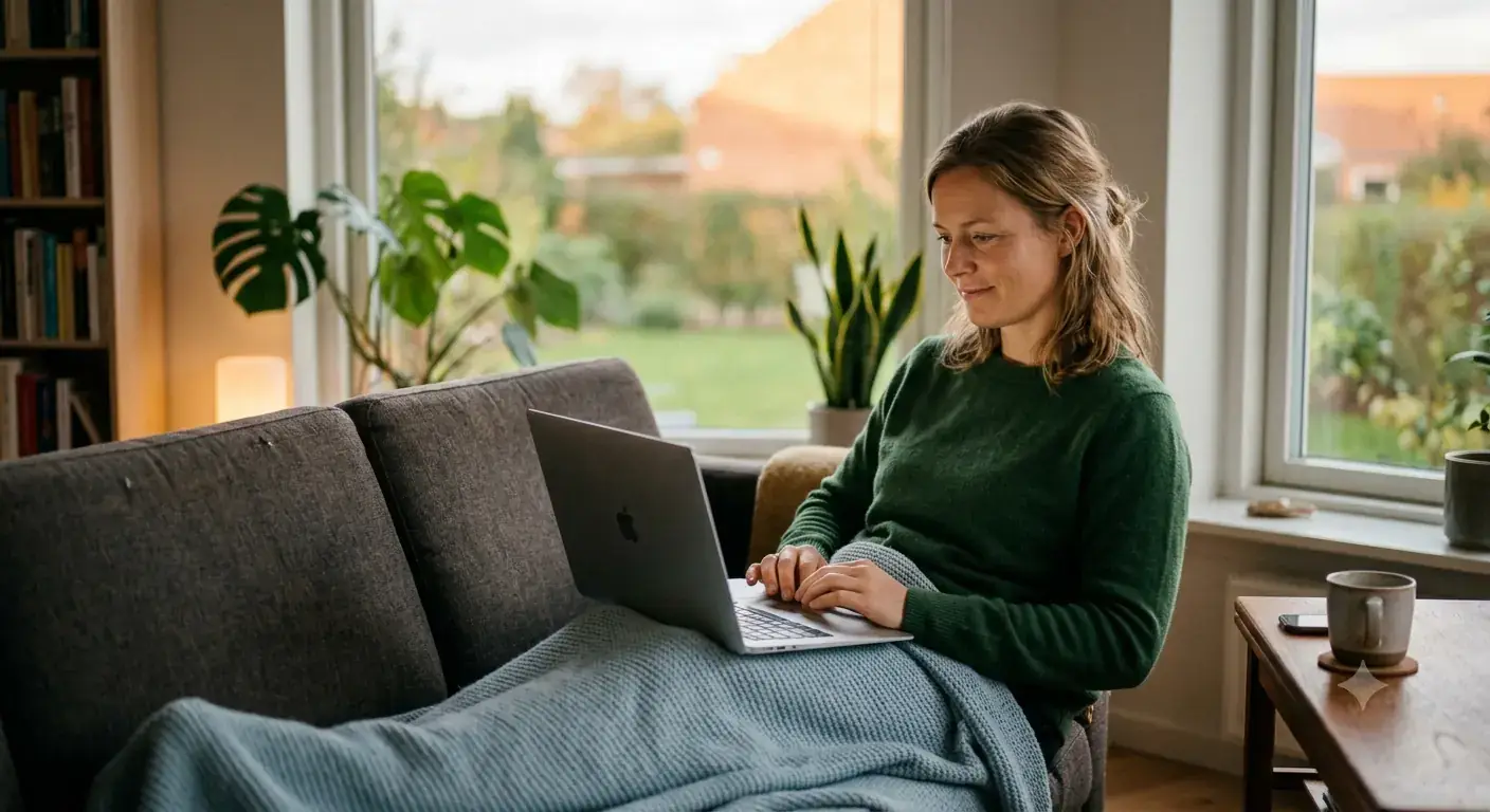 Kvinde med bærbar i sofaen i et dansk parcelhus med kabelinternet
