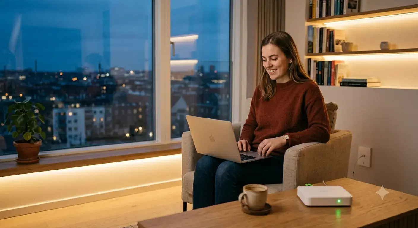 Kvinde arbejder på bærbar computer i en dansk stue med fiberforbindelse
