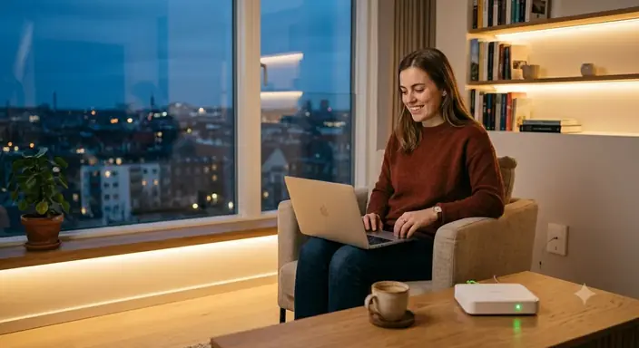 Kvinde arbejder på bærbar computer i en dansk stue om aftenen med fiberforbindelse