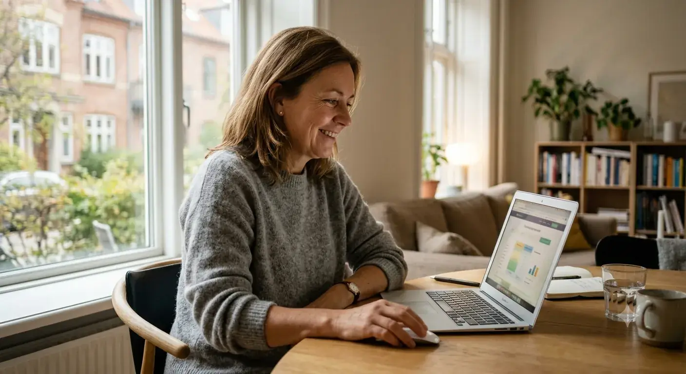 Kvinde sammenligner internetpriser på en bærbar computer ved spisebordet