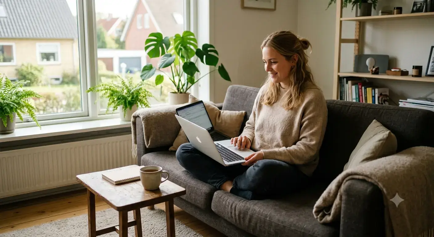 Kvinde med bærbar i lejlighed om aftenen, router uden binding på bordet